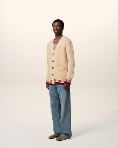 Cardigan Beige A Côtes En Laine - 6 - Ami Paris