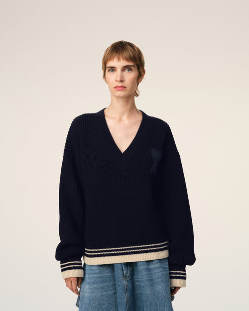 Navy Wool Ribbed V Neck Sweater - 9 - Ami Paris