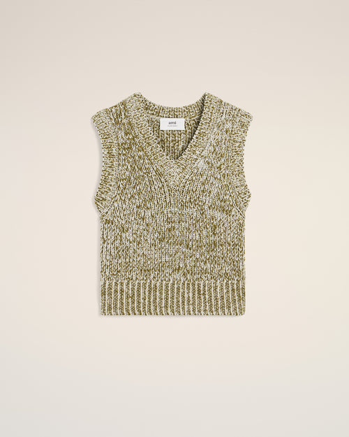 Pull Vert Col V Sans Manches En Coton Et Laine - 4 - Ami Paris