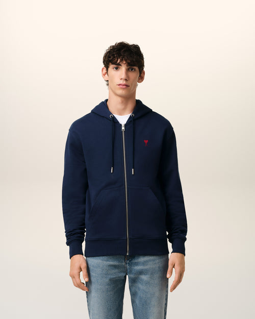 Navy Cotton Ami de Coeur Zipped Hoodie - 2 - Ami Paris