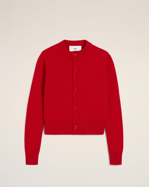 								Red Wool Knit Ami de Coeur Crewneck Cardigan - 3							 - Ami Paris