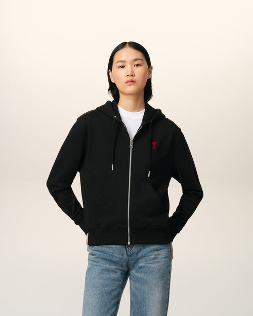 Black Cotton Ami de Coeur Zipped Hoodie - 8 - Ami Paris