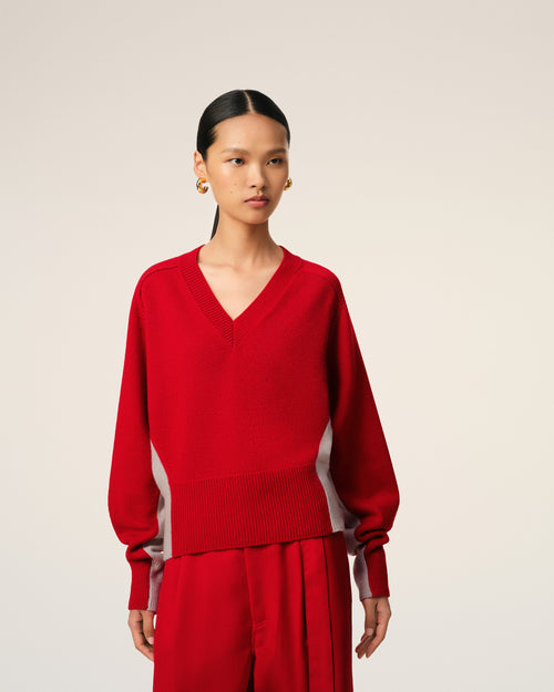 Red Wool Knit Bicolor V Neck Sweater - 3 - Ami Paris