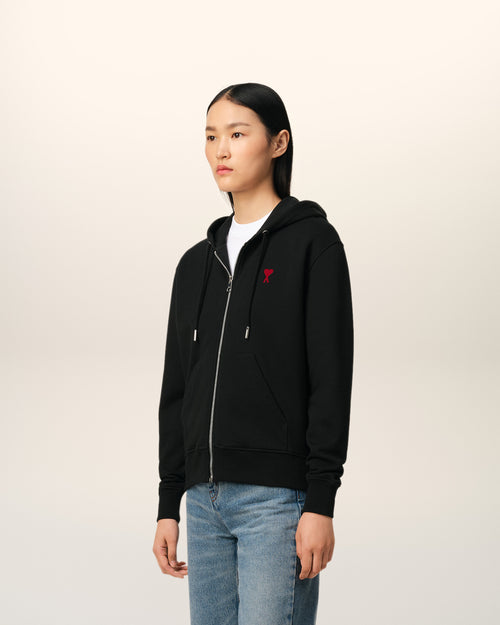 Black Cotton Ami de Coeur Zipped Hoodie - 12 - Ami Paris