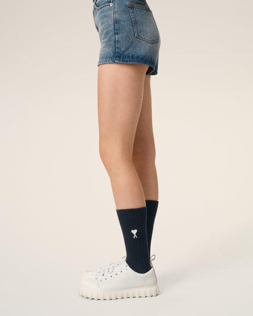 								Navy Blended Cotton Ami de Coeur Socks - 3							 - Ami Paris