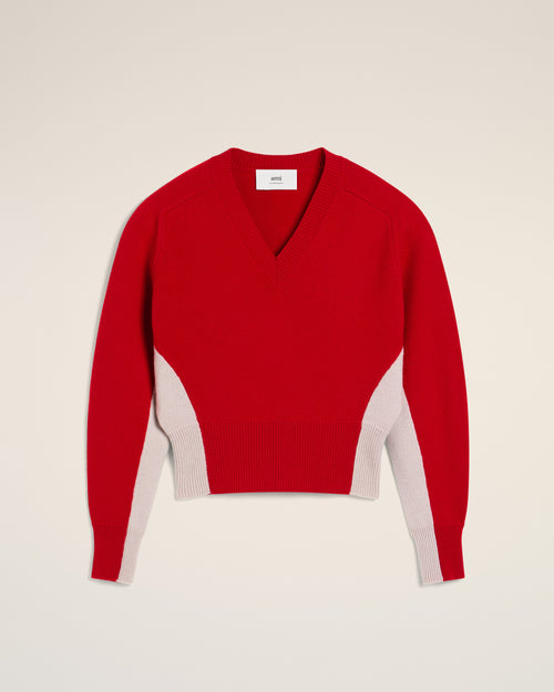 Red Wool Knit Bicolor V Neck Sweater - LICHEN/MASTIC - Ami Paris