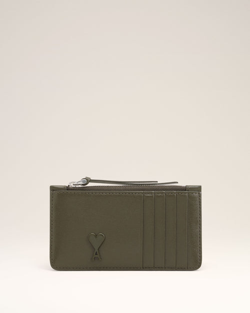 Green Leather Zipped Card Holder - BLACK OLIVE - Ami Paris