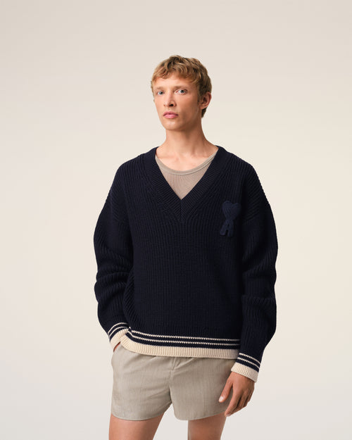 Navy Wool Ribbed V Neck Sweater - 3 - Ami Paris