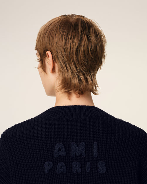 Navy Wool Ribbed V Neck Sweater - 10 - Ami Paris