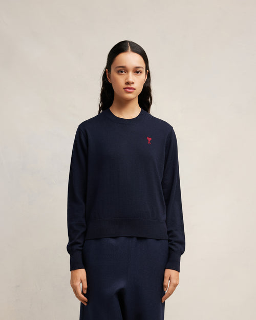 Navy Wool Ami de Coeur Crew Neck Sweater - 3 - Ami Paris