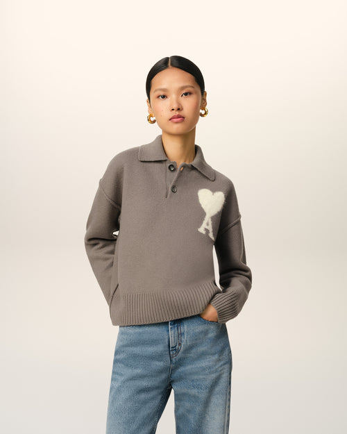 Taupe Wool Ami de Coeur Polo - 7 - Ami Paris