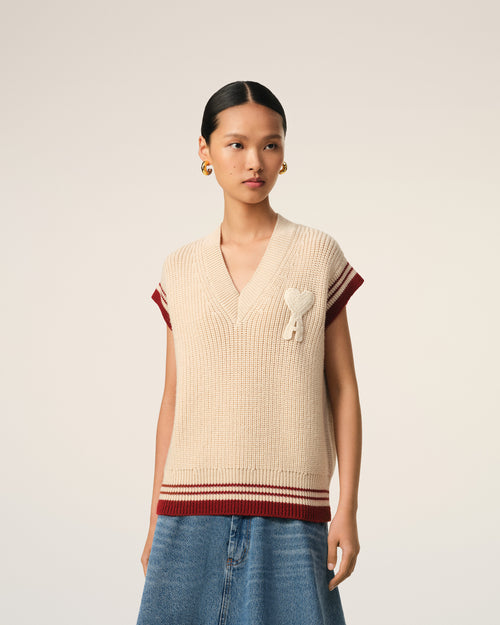 Beige Wool Ribbed Sleeveless V Neck Sweater - 9 - Ami Paris