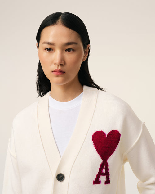 White Wool Ami de Coeur Cardigan - 10 - Ami Paris