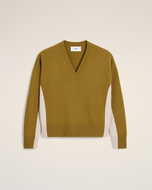 Khaki Wool Knit Bicolor V Neck Sweater - 2 - Ami Paris