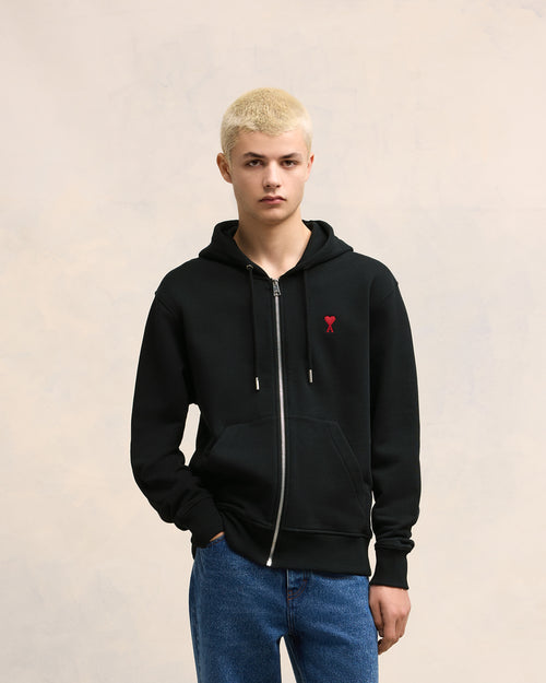 Black Cotton Ami de Coeur Zipped Hoodie - 1 - Ami Paris