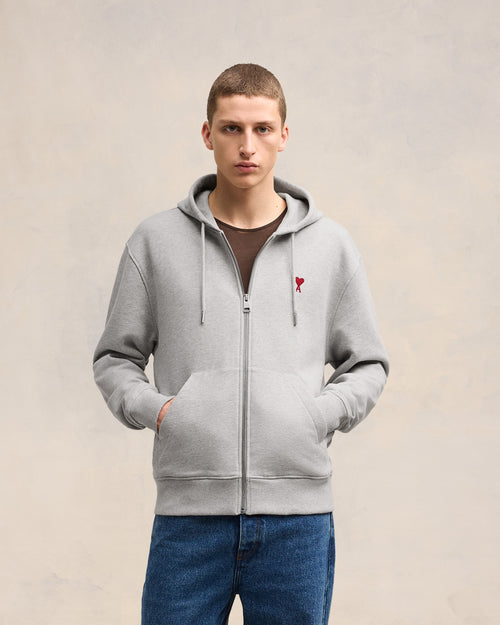 Grey Cotton Ami de Coeur Zipped Hoodie - 1 - Ami Paris