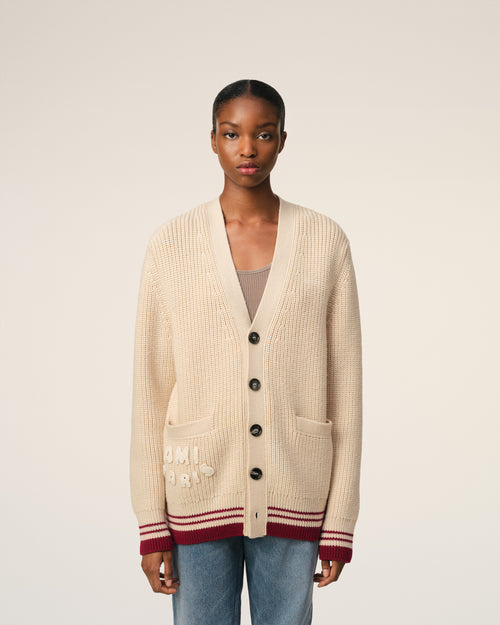 Cardigan Beige A Côtes En Laine - 9 - Ami Paris