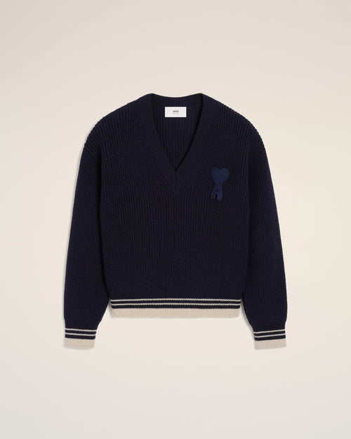 Navy Wool Ribbed V Neck Sweater - 1 - Ami Paris