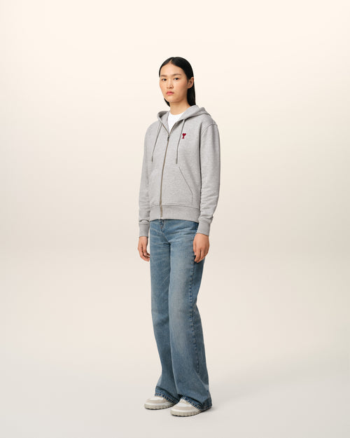 Grey Cotton Ami de Coeur Zipped Hoodie - 12 - Ami Paris