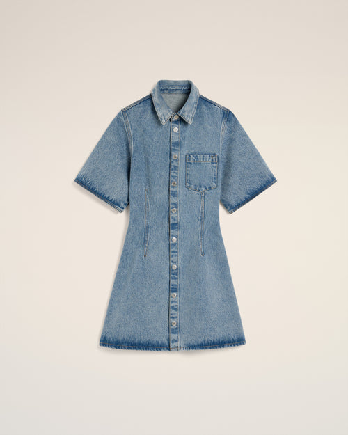 								Blue Cotton Short Sleeve Shirt Dress - 3							 - Ami Paris