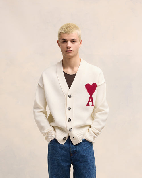 White Wool Ami de Coeur Cardigan - 1 - Ami Paris