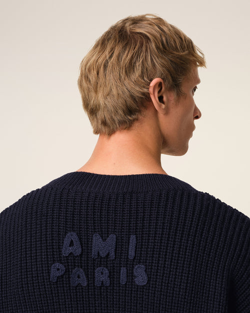 Navy Wool Ribbed V Neck Sweater - 4 - Ami Paris