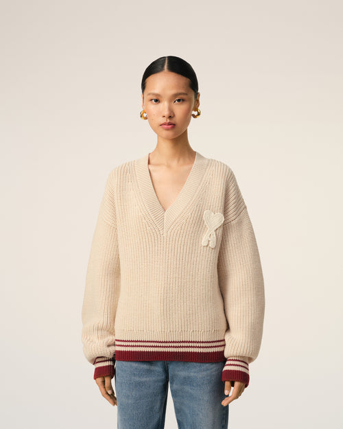 Beige Wool Ribbed V Neck Sweater - 9 - Ami Paris