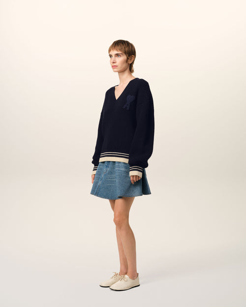 Navy Wool Ribbed V Neck Sweater - 12 - Ami Paris