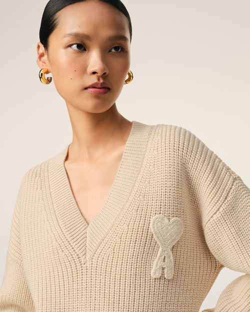 Beige Wool Ribbed V Neck Sweater - 10 - Ami Paris