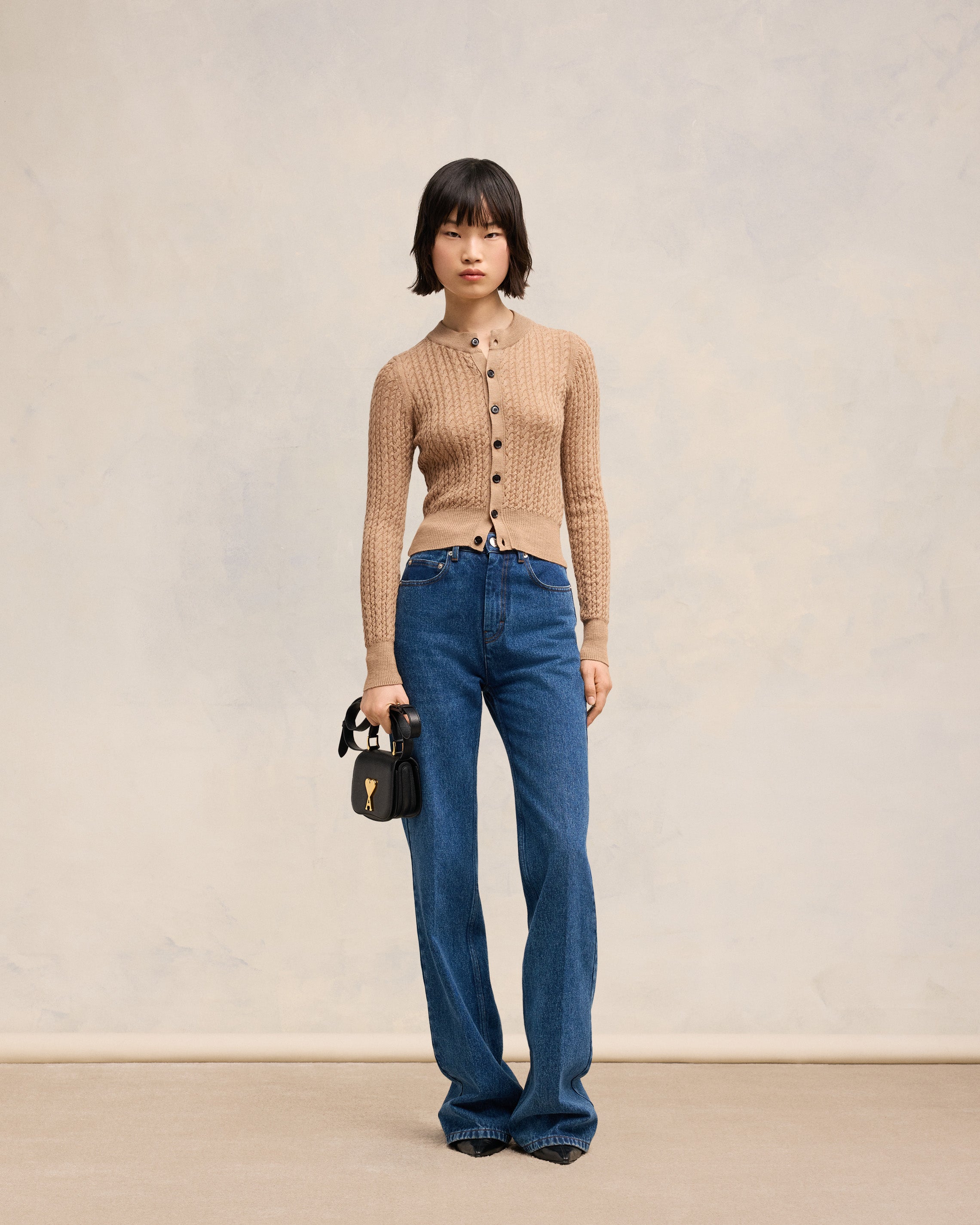 Camel Cable Knit Cardigan AMI PARIS