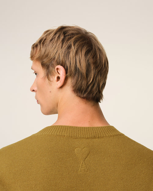 Khaki Wool Knit Bicolor V Neck Sweater - 4 - Ami Paris