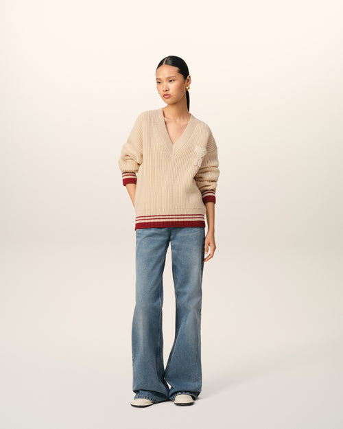 							Beige Wool Ribbed V Neck Sweater - 3						 - Ami Paris