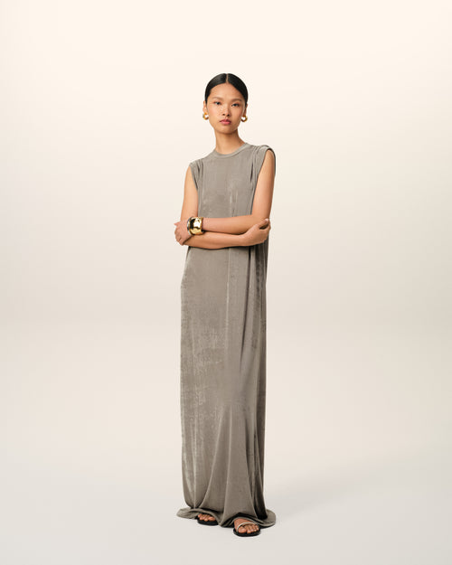 Beige Rib Jersey Short Sleeve Long Dress - 1 - Ami Paris