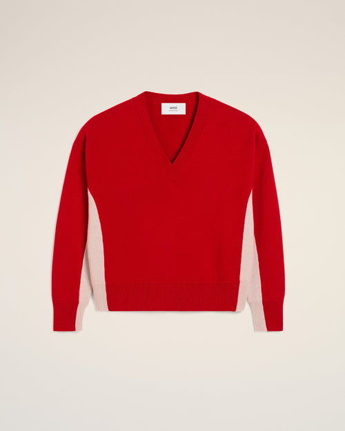 Red Wool Knit Bicolor V Neck Sweater - LICHEN/MASTIC - Ami Paris