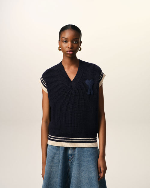 Navy Wool Ribbed Sleeveless V Neck Sweater - 9 - Ami Paris