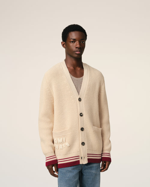 Cardigan Beige A Côtes En Laine - 3 - Ami Paris