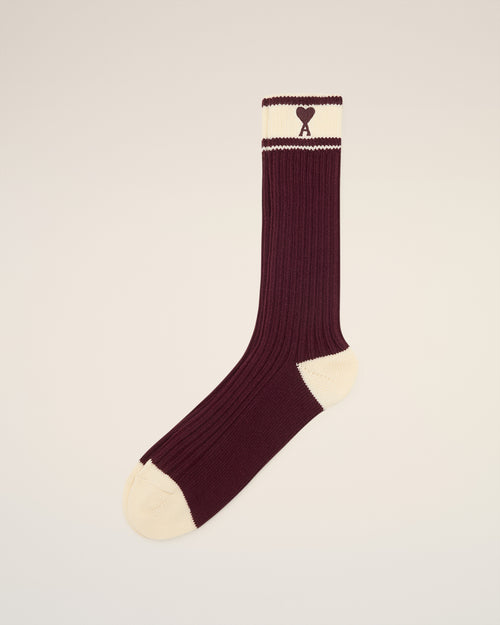 Burgundy Cotton Ami de Coeur Striped Socks - 2 - Ami Paris