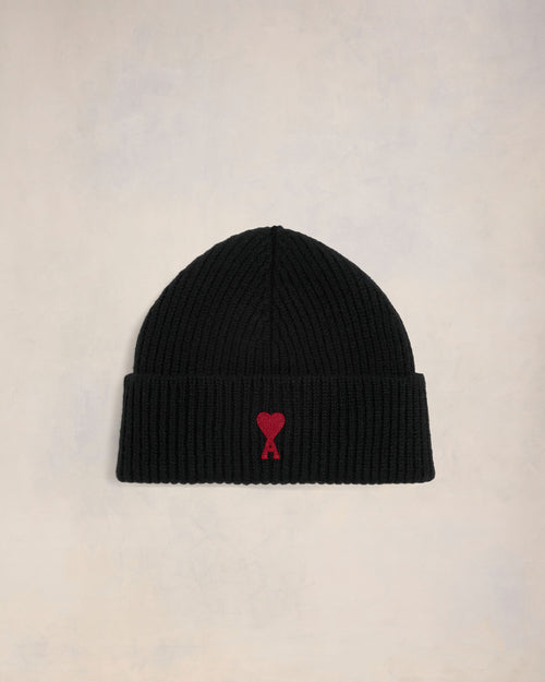 Black Wool Ami de Coeur Beanie - HEATHER GREY/RED - 2 - Ami Paris