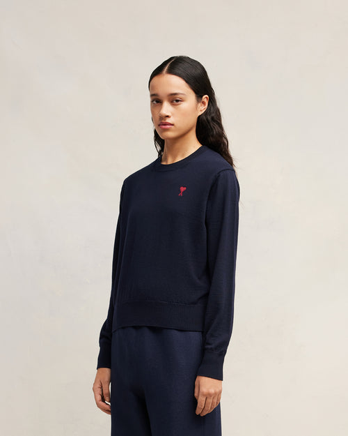 Navy Wool Ami de Coeur Crew Neck Sweater - 6 - Ami Paris