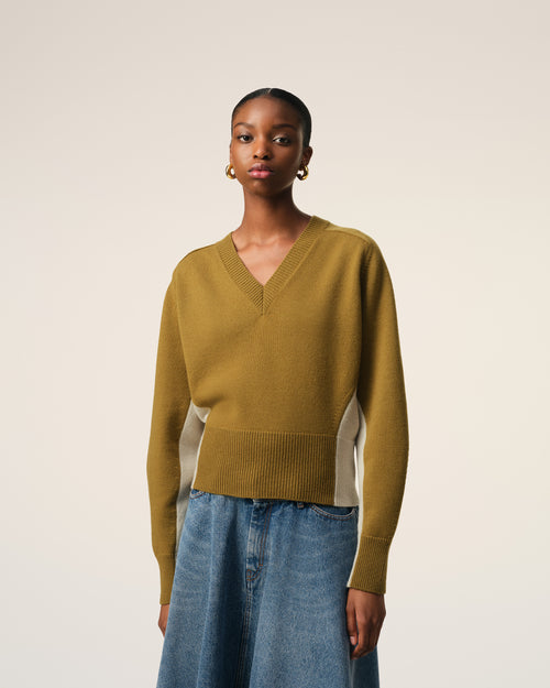 Khaki Wool Knit Bicolor V Neck Sweater - 3 - Ami Paris