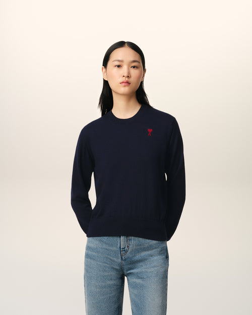 							Navy Wool Ami de Coeur Crew Neck Sweater - 3						 - Ami Paris