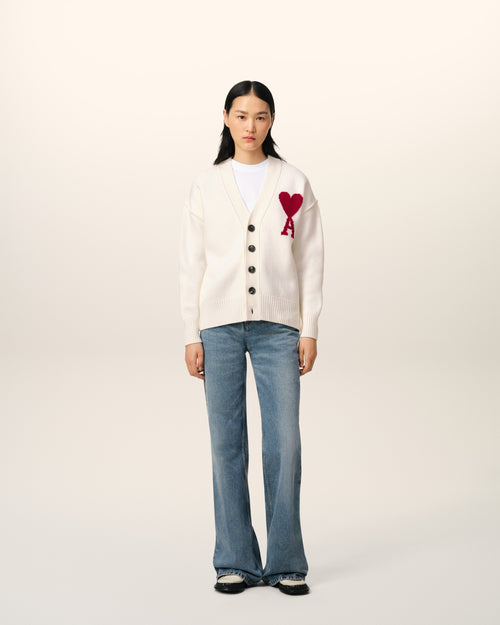 									White Wool Ami de Coeur Cardigan - 3								 - Ami Paris