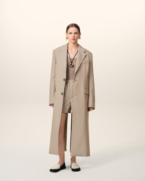 							Manteau Beige Long Fente Dos En Laine - 3						 - Ami Paris