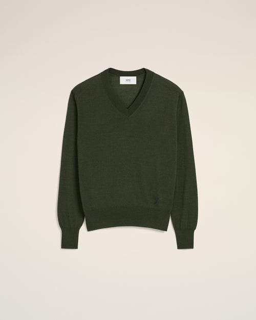 Green Wool Tonal V Neck Sweater - 1 - Ami Paris