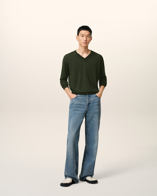 Green Wool Tonal V Neck Sweater - 2 - Ami Paris