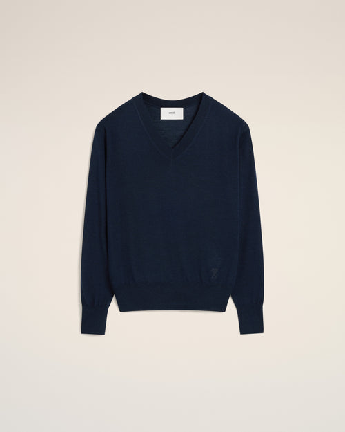 Navy Wool V Neck Sweater - 1 - Ami Paris