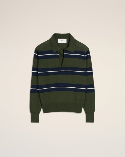 Green Wool Silk Tonal Striped Polo - 2 - Ami Paris