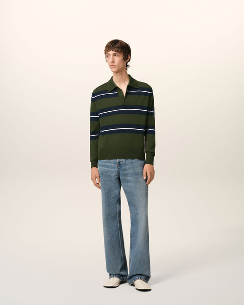 Green Wool Silk Tonal Striped Polo - 2 - Ami Paris