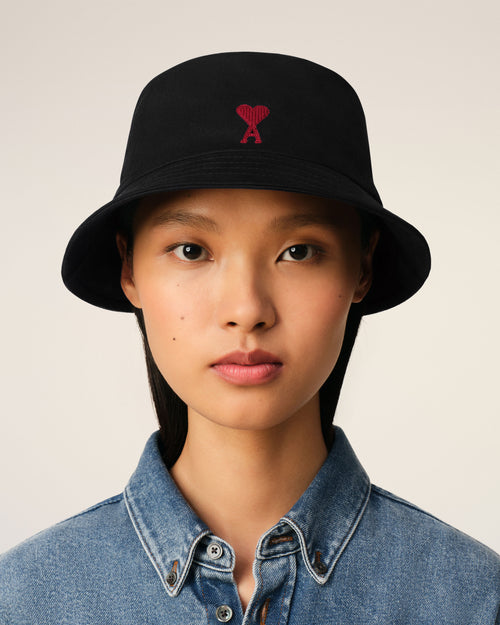 									Black Cotton Ami de Coeur Embroidery Bucket Hat - 3								 - Ami Paris