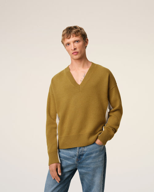 Khaki Wool Knit Bicolor V Neck Sweater - 3 - Ami Paris